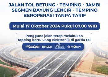 Jalan Tol Betung – Tempino – Jambi Seksi 3 (Segmen Bayung Lencir – Tempino) Tanpa Tarif Mulai 17 Oktober 2024