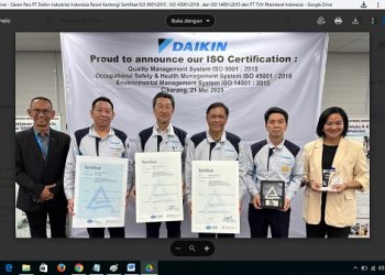 PT Daikin Industries Indonesia Resmi Kantongi Sertifikat ISO 9001:2015, ISO 45001:2018, dan ISO 14001:2015 dari PT TUV Rheinland Indonesia